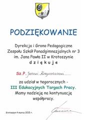 Podziękowanie Dyrekcji i Grona Pedagogicznego Zespołu Szkół Ponadgimnazjalnych nr 3 w Krotoszynie